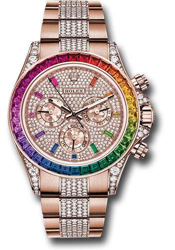 Rolex Everose Cosmograph Daytona 40 Watch 36 Baguette Cut Sapphires In Rainbow Graduation Bezel Diamond Paved Rainbow Sapphire Dial Diamond