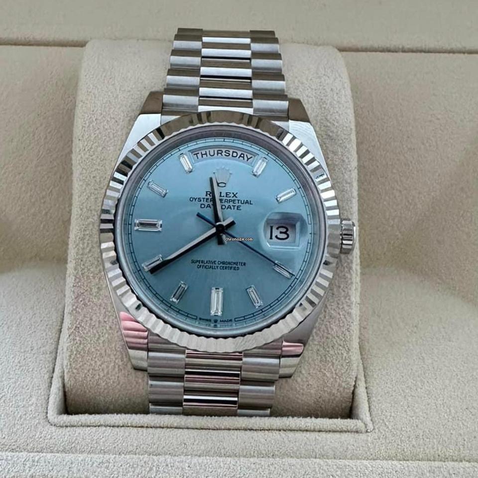 Rolex Day-Date 40 NEW 2023 Day-Date 40 Platinum ICE BLUE FACTORY BAGUETTE DIAL Fluted Bezel