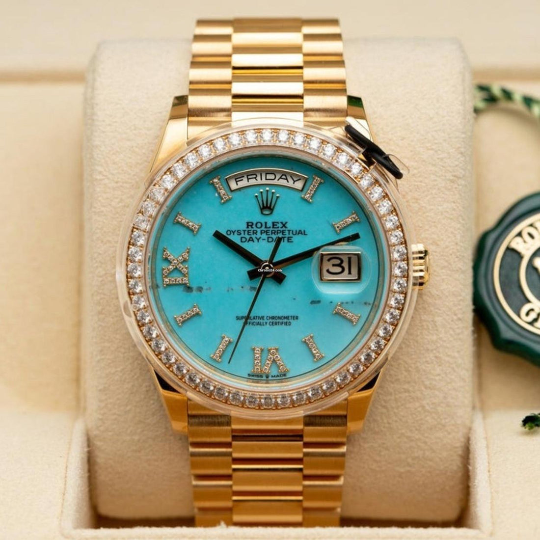 Rolex Day-Date 36 NEW 2023 Day-Date 36 TURQUOISE FACTORY DIAMOND BEZEL 128348RBR