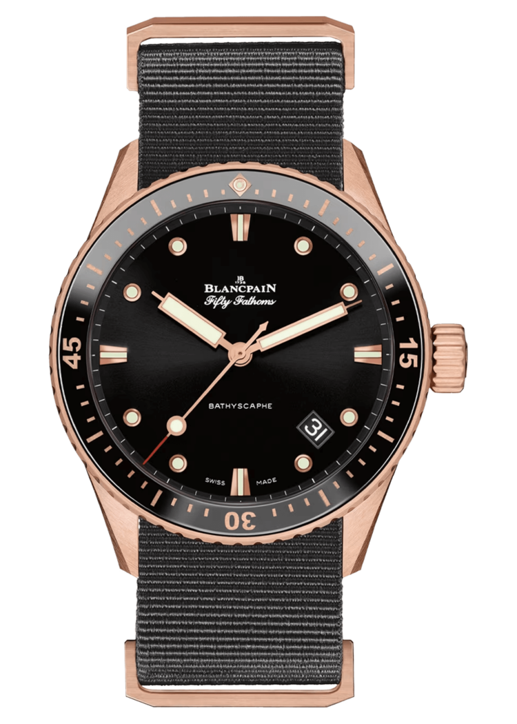 Blancpain Fifty Fathoms Bathyscaphe Sedna Gold Black NATO Men's Watch - 5000 36S30 NABA