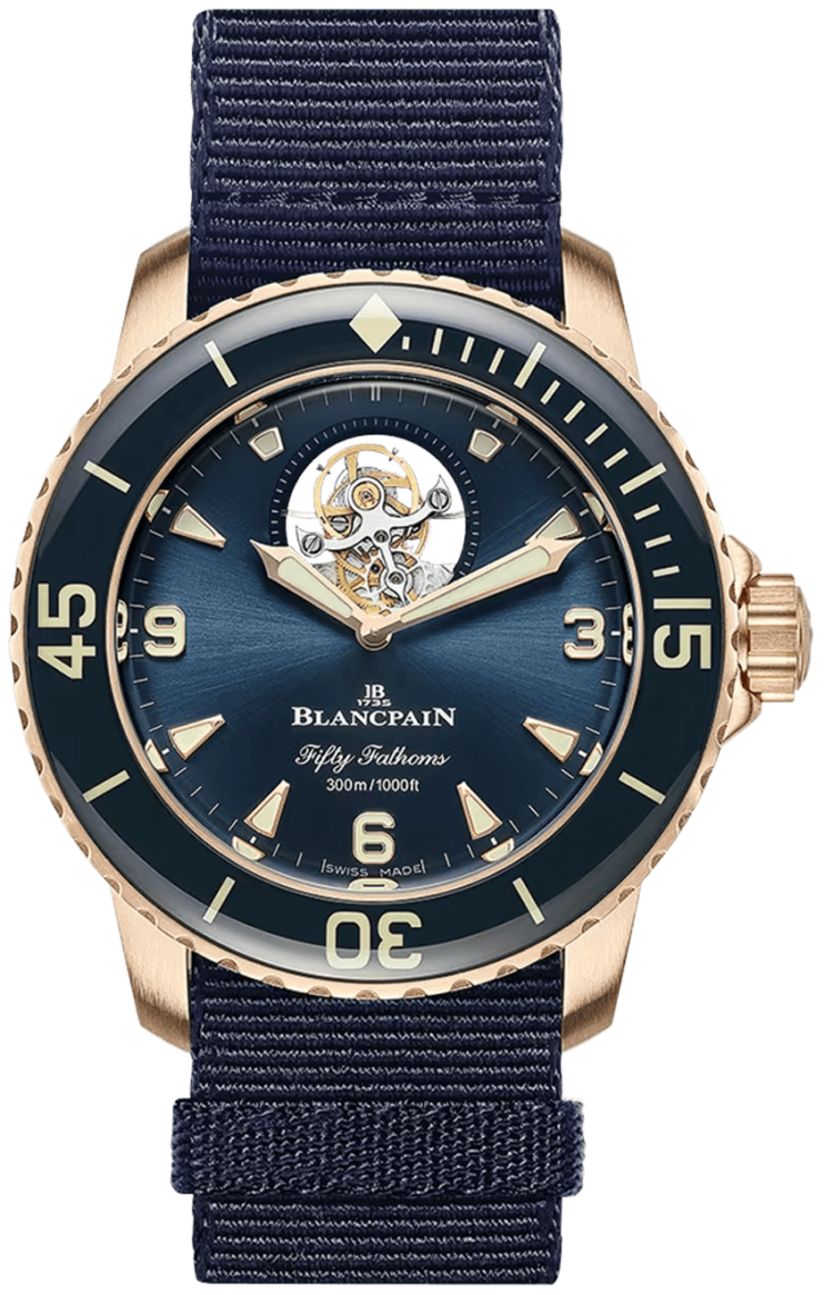 Blancpain Fifty Fathoms Tourbillon 8 Jours Red Gold Blue NATO Men's Watch - 5025 36B40 NAOA