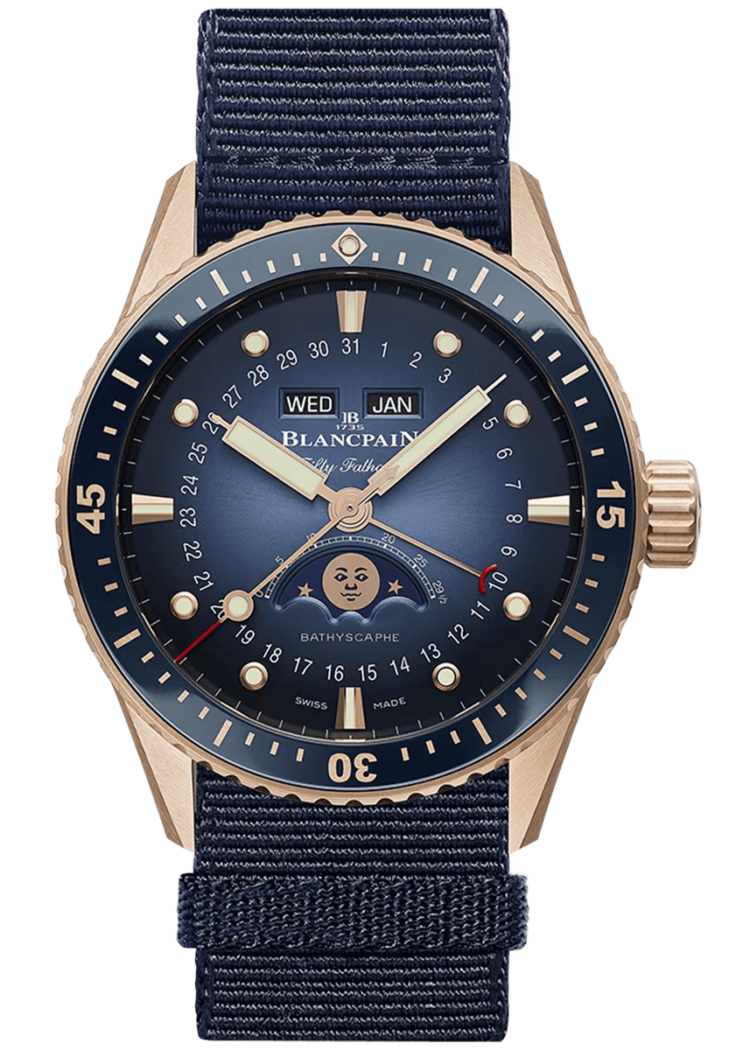 Blancpain Fifty Fathoms Bathyscaphe Quantieme Complet Phases de Lune Red Gold NATO Men's Watch - 5054 3640 NAOA