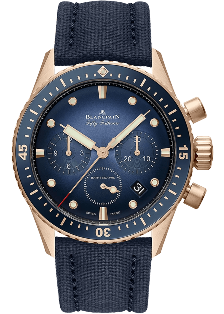 Blancpain Fifty Fathoms Bathyscaphe Chronographe Flyback Red Gold Blue Canvas Men's Watch - 5200 3640 O52B