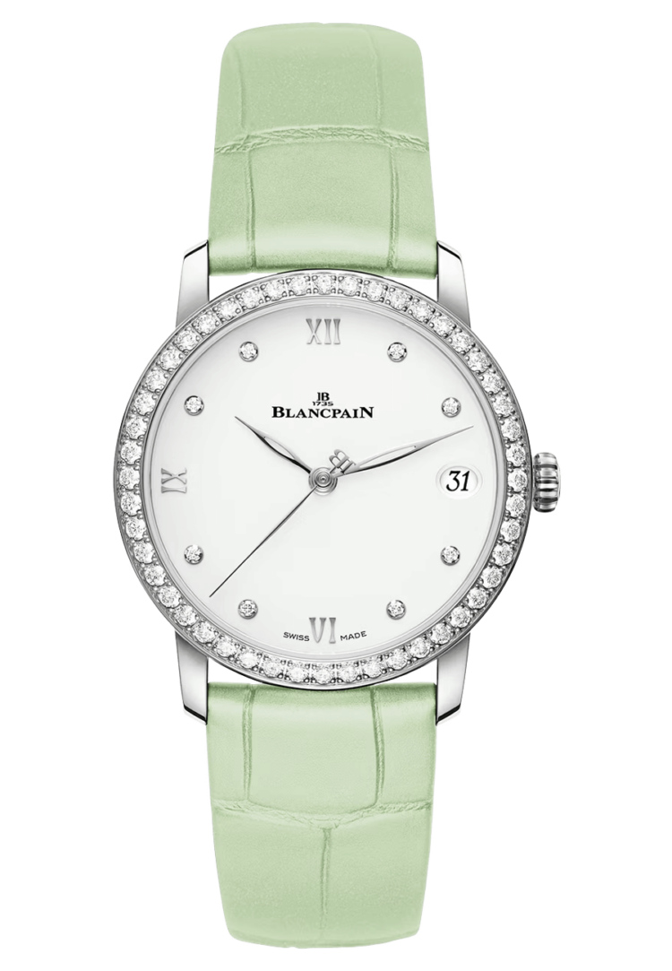 Blancpain Villeret Women Date Diamond Ultra-Slim Green Alligator Ladies Watch - 6127 4628 95A