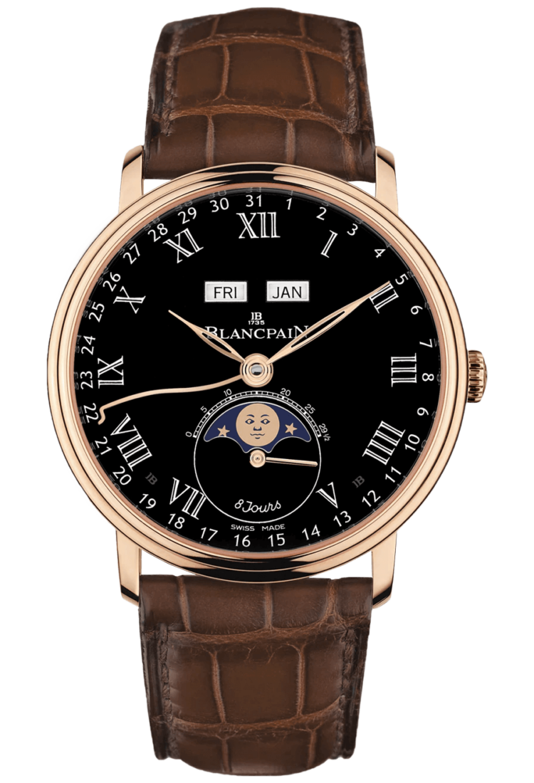 Blancpain Villeret Quantieme Complet 8 Jours Black Red Gold Alligator Men's Watch - 6639 3637 55B