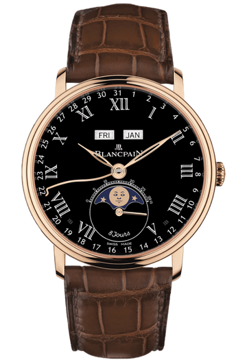 Blancpain Villeret Quantieme Complet 8 Jours Black Red Gold Alligator Men's Watch - 6639 3637 55B