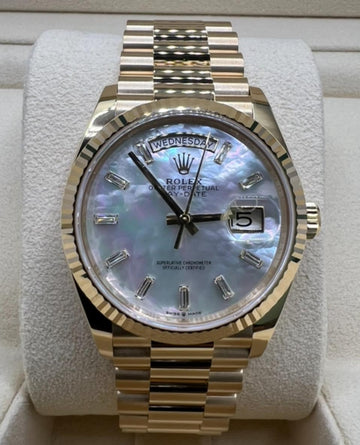 Rolex Day-Date 36 36mm White MOP Diamond-Set Dial Fluted Bezel President Bracelet - 128238 | 2024 Model