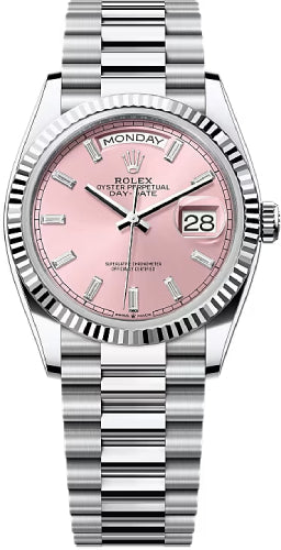 Rolex Day-Date 36 36mm Pink Diamond-Set Dial Fluted Bezel President Bracelet - 128236