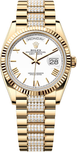 Rolex Day-Date 36 36mm White Roman Dial Fluted Bezel with Diamond-Set President Bracelet - 128238