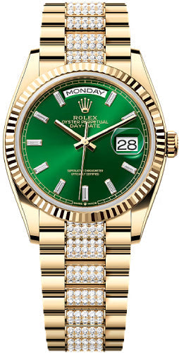 Rolex Day-Date 36 36mm Bright Green Diamond-Set Dial Fluted Bezel with Diamond-Set President Bracelet - 128238