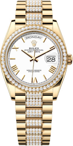 Rolex Day-Date 36 36mm White Roman Dial Diamond-Set Bezel with Diamond-Set President Bracelet - 128348RBR