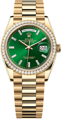 Rolex Day-Date 36 36mm Bright Green Diamond-Set Dial Diamond-Set Bezel President Bracelet - 128348RBR