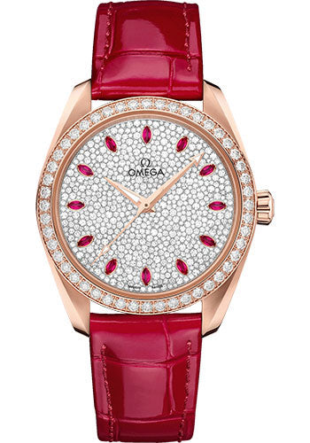 Omega Seamaster Aqua Terra 150M Co-Axial Master Chronometer Ladies' Watch - 38 mm Sedna Gold Case - Fully Paved Diamond Dial - Glossy Red Leather Strap - 220.58.38.20.99.001