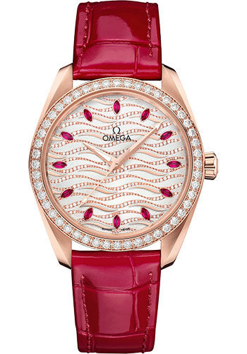 Omega Seamaster Aqua Terra 150M Co-Axial Master Chronometer Ladies' Watch - 38 mm Sedna Gold Case - Radiant Wave Pattern Diamond Dial - Glossy Red Leather Strap - 220.58.38.20.99.004