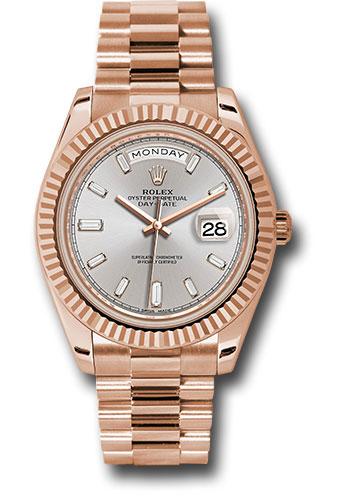 Rolex Everose Gold Day-Date 40 Watch - Fluted Bezel - Sundust Baguette-Cut Diamond Dial - President Bracelet - 228235 sdbdp