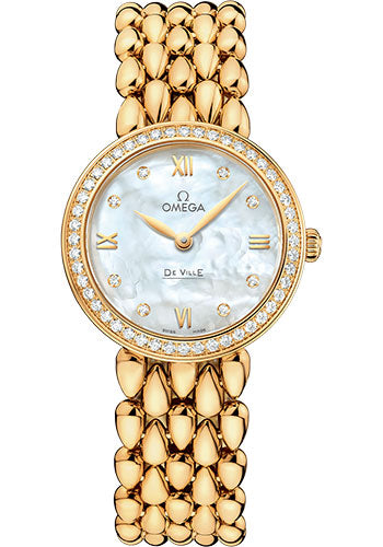 Omega De Ville Prestige Quartz Dewdrop Watch - 27.4 mm Yellow Gold Case - Radiant Diamond-Set Bezel - Mother-Of-Pearl Dial - 424.55.27.60.55.006