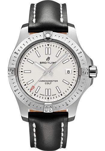 Breitling Colt 41 Automatic Watch - Steel - Silver Dial - Black Leather Strap - Folding Buckle - A17313101G1X2