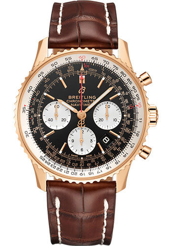 Breitling Navitimer B01 Chronograph 43 Watch - 18k Red Gold - Black Dial - Brown Croco Strap - Folding Buckle - RB0121211B1P2