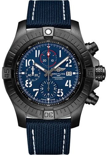 Breitling Super Avenger Chronograph 48 Night Mission Watch - DLC-Coated Titanium - Blue Dial - Blue Calfskin Leather Strap - Folding Buckle - V13375101C1X2